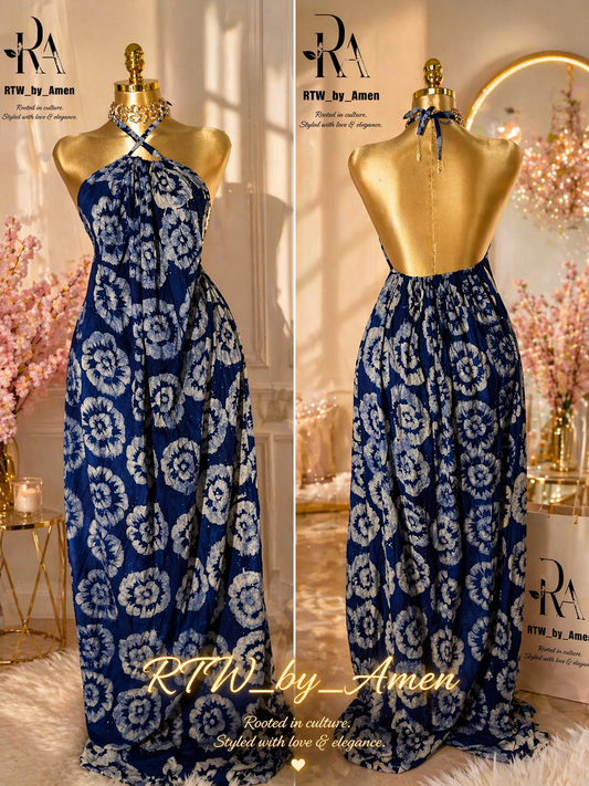Adire backless long gown
