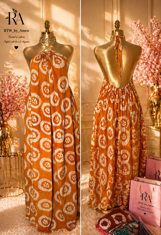 Adire backless long gown